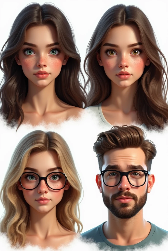 (photorealism:1.5)profile of a beautiful young woman with long dark brown hair, green eyes, and a lot of freckles. another profile of a young woman with long brown hair, brown eyes and some freckles. another profile of a young pretty woman with straight long light blond hair, blue eyes and glasses. The last profile is of a young masculine chubby man with short kind of buzzcut dark blond hair, blue eyes, glasses and a beard. faces are looking into the camera, pretty small and loosely arranged on a white background