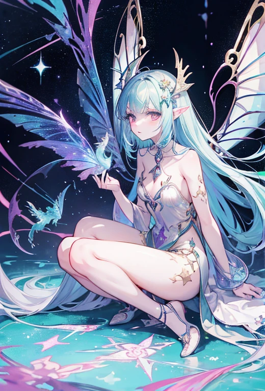 Full body, pointy eared Fairy with long Bipectinate or clubbed antenna, long Multi-veined, prismatic membranous wings with iridescent properties, Celtic illumination makeup, embroidered silken leine, embroidered velvet mantle, laying next to a dragon, whispering in his ear, art by Brian froud