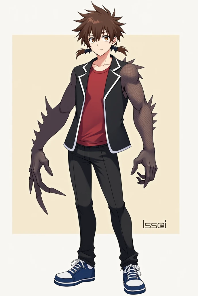 Issei is a high school student of average height with short spiky brown hair, with two short locks of hair behind his head, and light brown eyes. Following his training with Tannin, he gained a more muscular and toned build.[3]

While he has worn various outfits throughout the series, his most commonly worn outfit is the Kuoh Academy boys' school uniform, which consists of a blazer (more commonly black, although in other media is shown with a tinge of purple or grey, with white accents) over a white, long-sleeved dress shirt with black highlights with a black ribbon on the collar, matching black pants, and brown dress shoes. However, Issei's uniform differs in the fact that he wears a red T-shirt underneath his open dress shirt and blazer, and wears blue and white sneakers in place of dress shoes.

Before fighting Riser in a rematch, Issei's left arm was transformed into a Dragon's arm,[4] which needed a ritual performed regularly by Rias and Akeno to appear human. After his "death" he gained a new body through the efforts of Great Red and Ophis, now being able to transform parts of himself into a Dragon.[5]

He has been said to show manly expressions by his paternal grandmother. Issei's height is 170 cm (5 feet 7 inches) and body weight is 62→65 kg (137→140 lbs.).