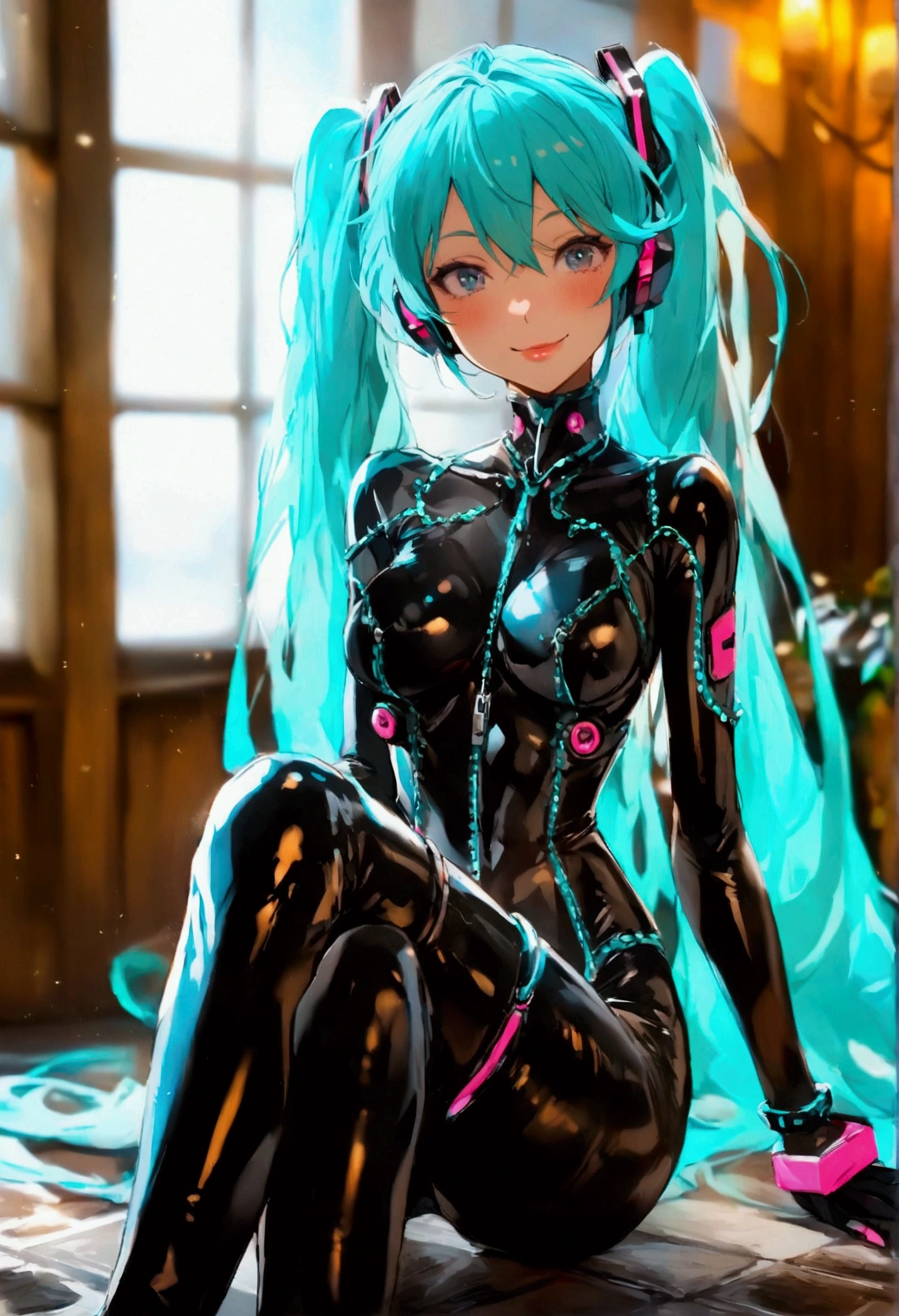 Sexy Milf Hatsune Miku with tight latex digital suit and sexy latex digital platform high heels 
