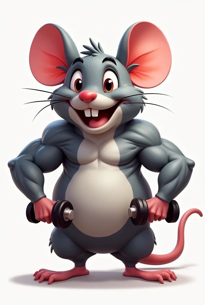 2D drawing of a larger than normal sized mouse, with a muscular and well-defined body. His muscles are clearly visible under smooth, gray skin.. He has a friendly face and a wide smile, showing sharp white teeth. Your eyes are big and bright, expressing happiness and confidence. He is wearing a pair of small dumbbells on his front paws., highlighting his robust physique. To complete, The mouse may be wearing a pair of sweatpants or a sports accessory that emphasizes its athletic and positive style..