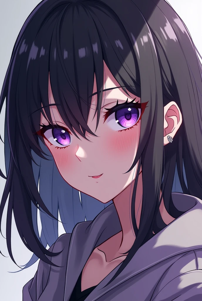 Japanese anime style girl, violet eyes, smug smile, gray/black hair
