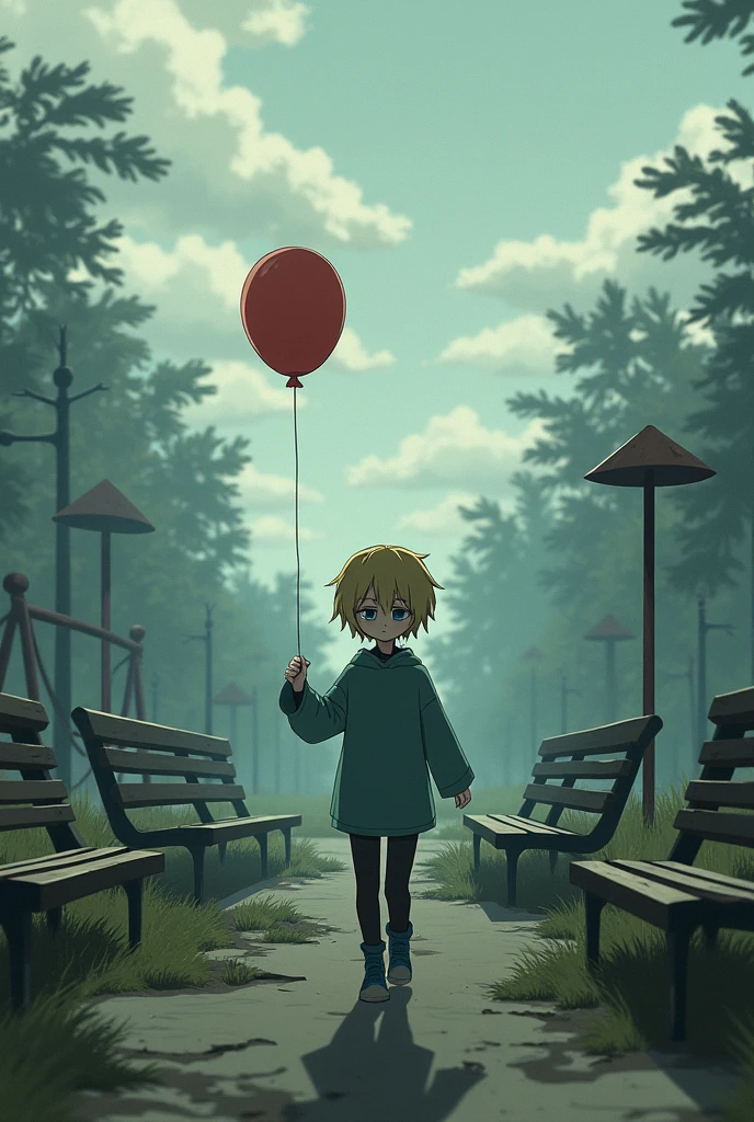 Kagamine Len vocaloid with dark circles, walking in an abandoned park holding a balloon, with cloudy weather, al estilo anime de los 80's