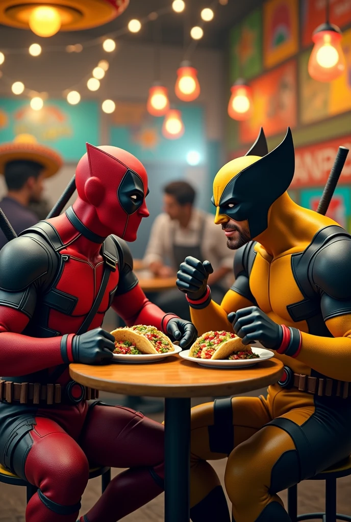 Deadpool and Wolverine、Eating tacos at a taco shop