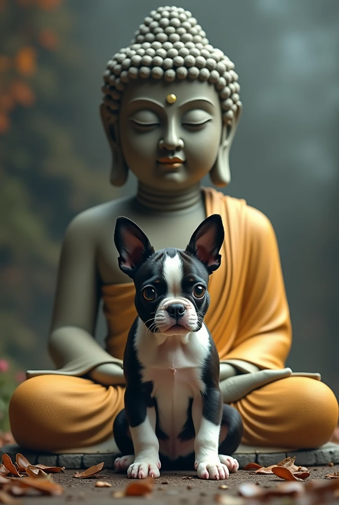 a boston terrier dog, giant buddha statue, collaboration, detailed fur, adorable puppy eyes, serene buddha expression, whimsical surreal scene, fantasy photographic, dramatic lighting, muted earthy colors, volumetric fog, hyper detailed, cinematic composition, masterpiece, best quality, 8k, ultra-detailed, realistic, photorealistic, physically-based rendering, professional