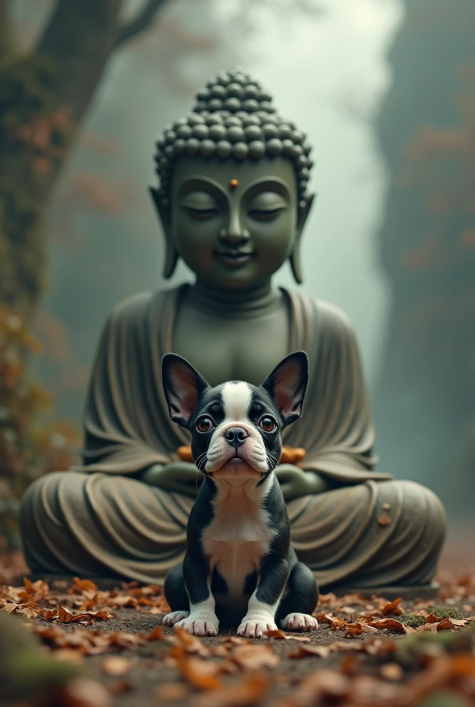 a boston terrier dog, giant buddha statue, collaboration, detailed fur, adorable puppy eyes, serene buddha expression, whimsical surreal scene, fantasy photographic, dramatic lighting, muted earthy colors, volumetric fog, hyper detailed, cinematic composition, masterpiece, best quality, 8k, ultra-detailed, realistic, photorealistic, physically-based rendering, professional