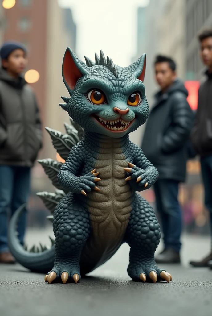 Mini Godzilla with 3 people looking at him