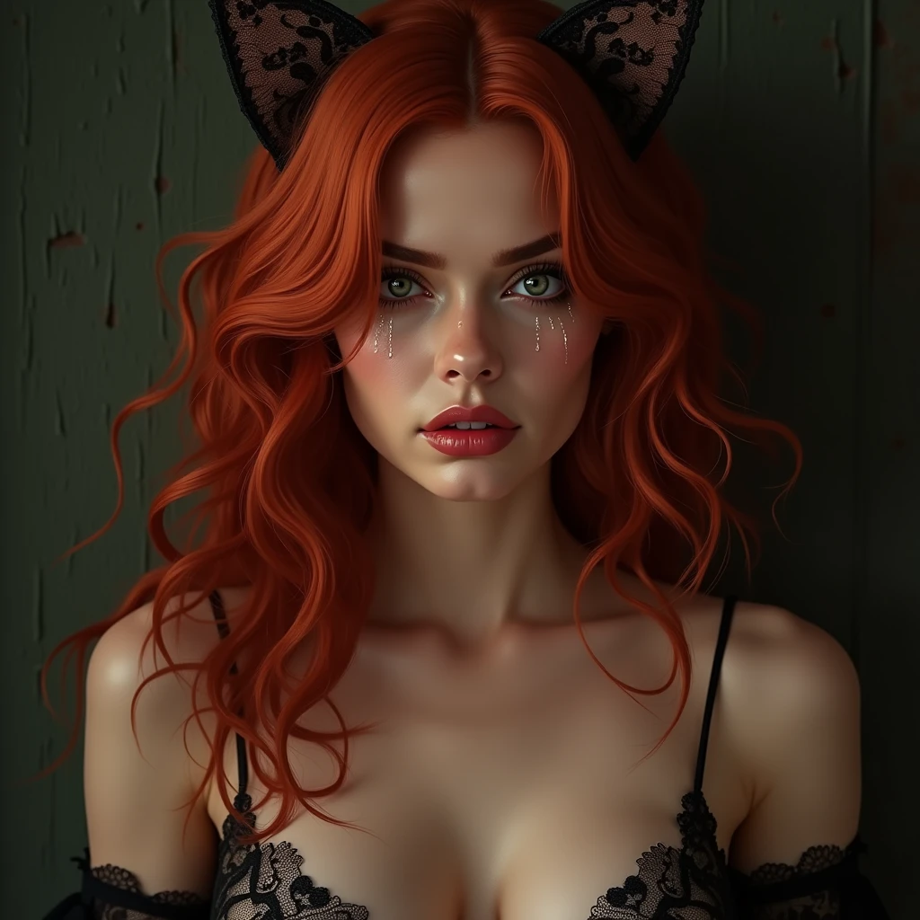 highly detailed, seductive erotic Lana Del Rey with lace cat ears, crying, (busty, red hair), centered on the face, face focused, intricate eyes,