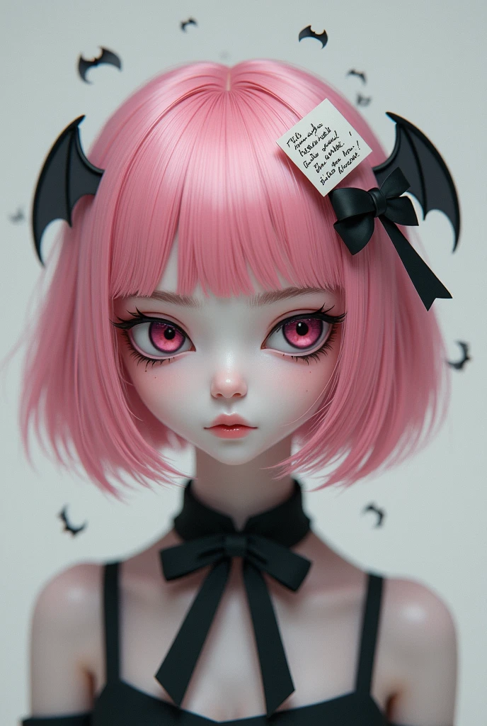 Pink haired girl with completely white skin with a bow in her black hair and a little note also in her hair with small devil wings 