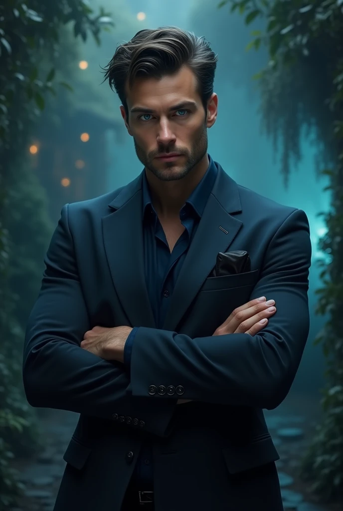 "Mystery and Passion: Dive into stories of love and suspense. Choose your path and discover the end."blue eyed man with perfect body muscle with delicate appearance wearing perfect suit with mysterious eyes with a big mouth and standing crossed arms standing in a mysterious world