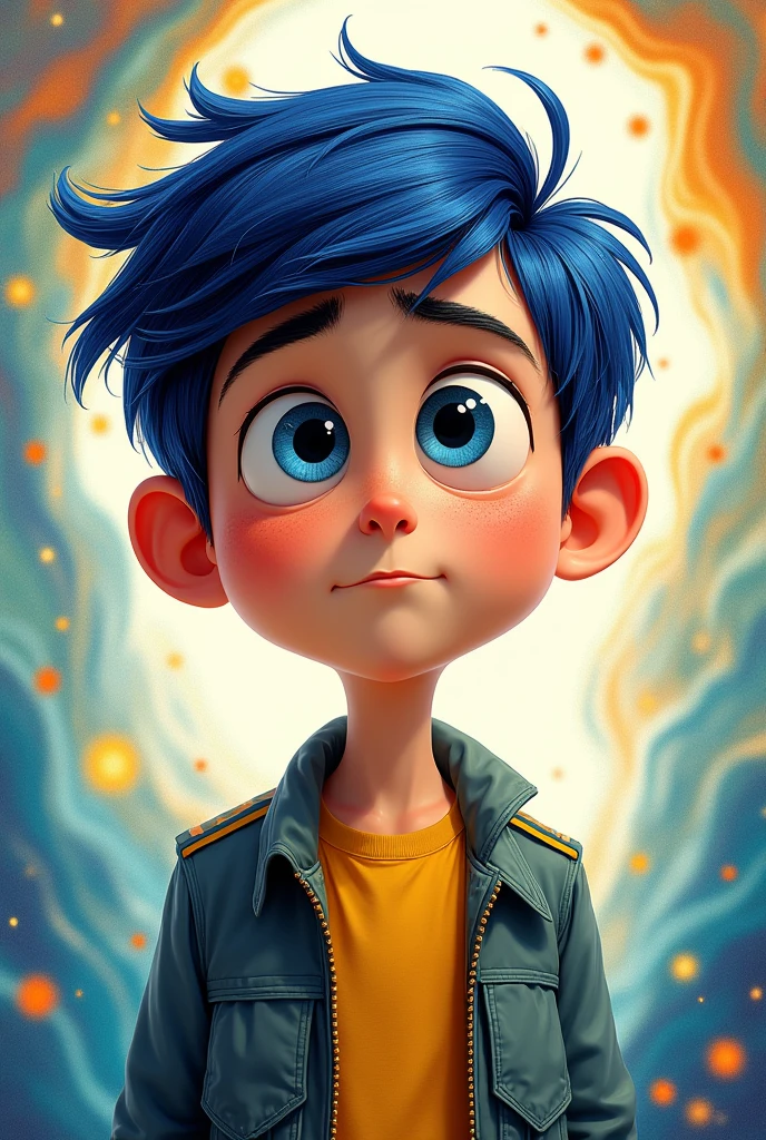 Create a drawing of the son of the characters Nostalgia and Mind Cop Davefrom the animated movie Inside out 2. The drawing will be the son of the two characters and also the facial expressions and background of the drawing created will refer to these characters.