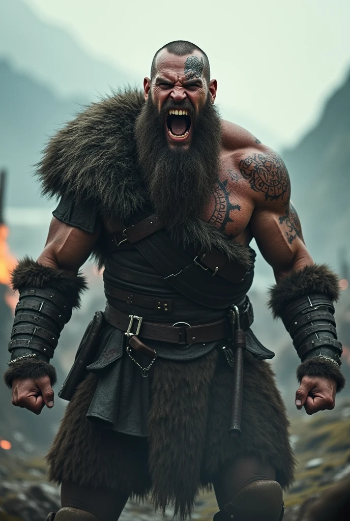   Realistic Viking warrior screaming with teeth bared with a Norse tattoo around his eye and with his eyes open 