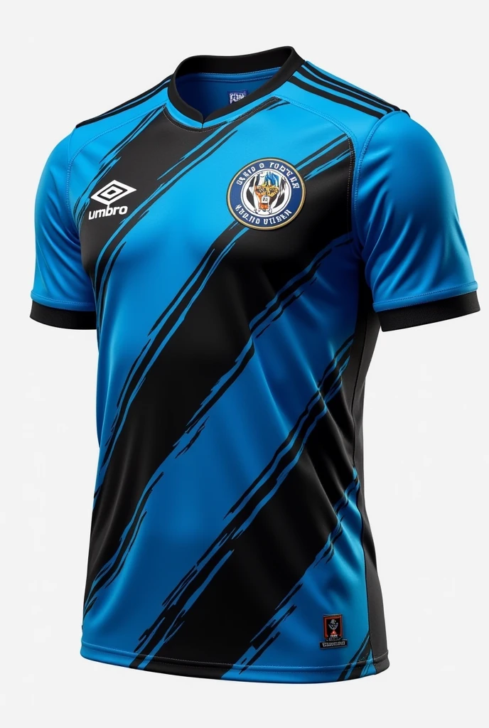 Create an Umbro branded football shirt, of the Grêmio Football Portoalegrense team with thick sky blue and black stripes and thin white stripes.