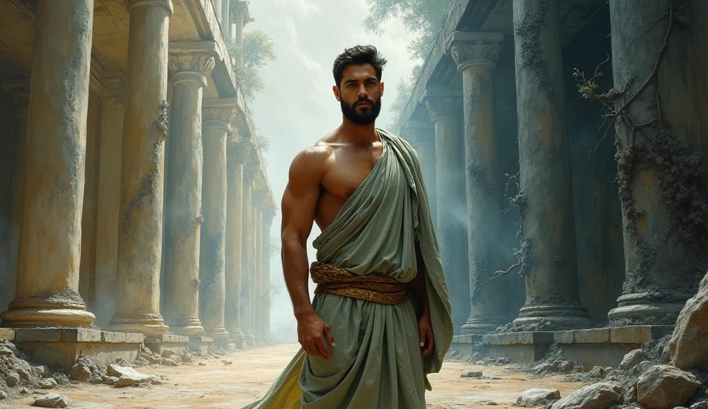 A male Stoic philosopher, around 2, with a well-proportioned and attractive physique, slightly tanned skin, and a short, well-trimmed beard, stands confidently at a clear boundary line. He wears classic tunics in soft earthy tones—gray and olive green—with subtle gold or copper details, gently draping over his body, with one shoulder exposed. His expression is calm and seductive, reflecting his inner strength. On one side of the boundary, the environment is orderly and serene, while the other side is chaotic and dark, symbolizing the firm boundaries he has set. The scene is painted in an impressionist style, with dramatic brushstrokes capturing the stark contrast between the peaceful and chaotic environments, highlighting the philosopher’s determination to protect his well-being.