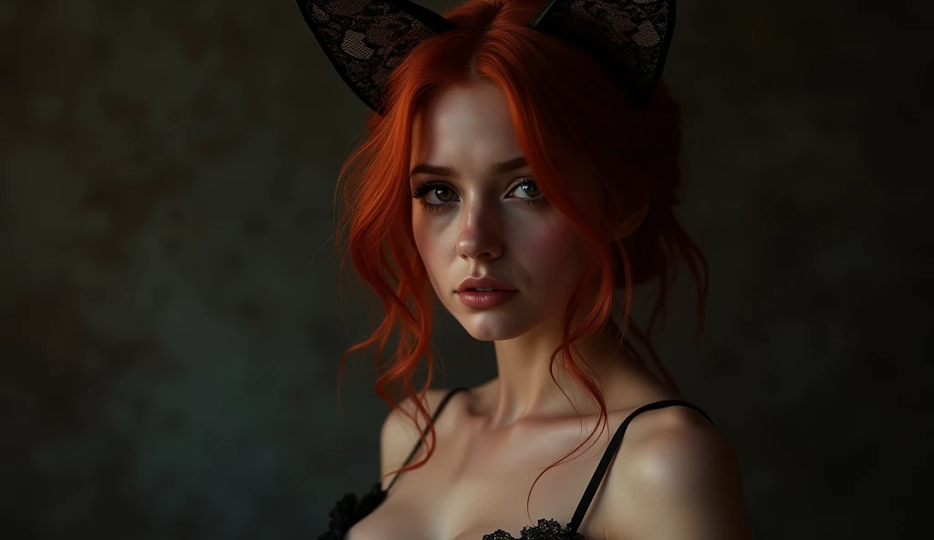 a beautiful woman with lace cat ears, crying, busty, with red hair, centered on the face, face focused, intricate eyes, dark moody colors, dramatic lighting, cinematic composition, chiaroscuro, painterly, elegant, sensual, erotic, cinematic, digital painting, 8k, photorealistic, hyperrealistic, highly detailed