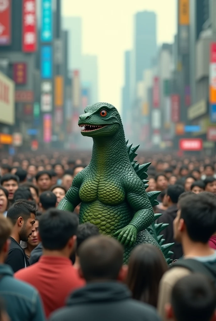 Mini Godzilla with 50 people looking at him