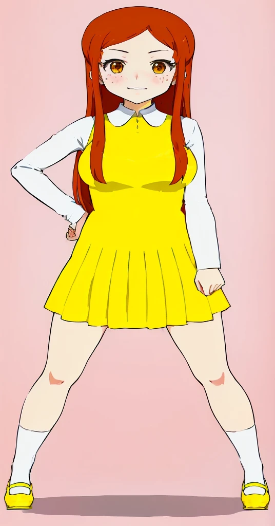 cartoon girl in yellow dress with white collar and yellow shoes, erza scarlet as a real person, aya takano color style, anime girl named lucy, inspired by Tsubasa Nakai, !!full body portrait!!, inspired by Tsuruko Yamazaki, rena nounen style 3/4, as an anime character, rei hino as a princess
