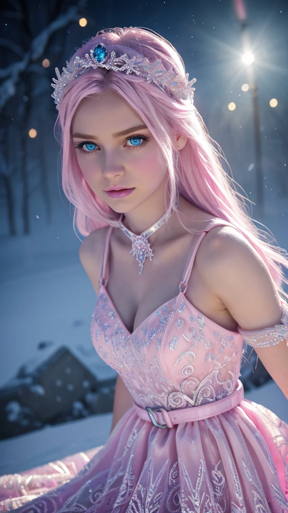 a beautiful ice goddess, extremely detailed eyes, extremely detailed face,purpul and blue eyes, extremely detailed realistic eyes, very long light pink hair, small breasts, ice magician, ice elemental, intricate design and details, chilling mist, cold, blizzard storm, conjuring ice spell, casting ice spell, fantasy dress, (pink dress:1.5), (strap:1.5), bare waist, realistic ice effect, snow particles, dark fantasy art style, ruined city, dramatic lighting, cinematic, sitting, (best quality,4k,8k,highres,masterpiece:1.2),ultra-detailed,(realistic,photorealistic,photo-realistic:1.37),HDR,UHD,studio lighting,ultra-fine painting,sharp focus,physically-based rendering,extreme detail description,professional,vivid colors,bokeh
