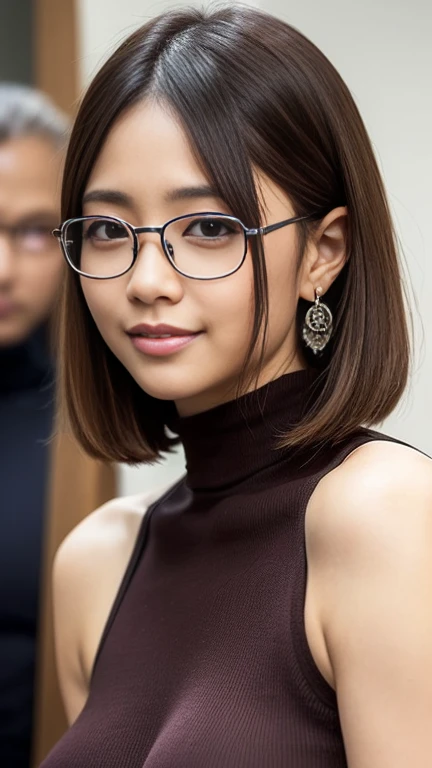 Light background、Japanese idol women, 青いturtleneck,sleeveless sweater、 (((masterpiece))), ((Highest quality)), ((Intricate details)), (((Ultra-Realistic)), irrational solution, The Law of Perspective, Very detailed, Realistic, 1 girl, ((Big Breasts)), Perfect hands, Finger details, Beautiful and beautiful eyes, short hair, Brown eyes,(turtleneck:1.2), Tight Skirt, Detailed Background, choker, Perfect Eyes, Captivating eyes, Looking at the audience, from the front,smile,Rimless glasses,Earrings,Beautiful moisturized lips