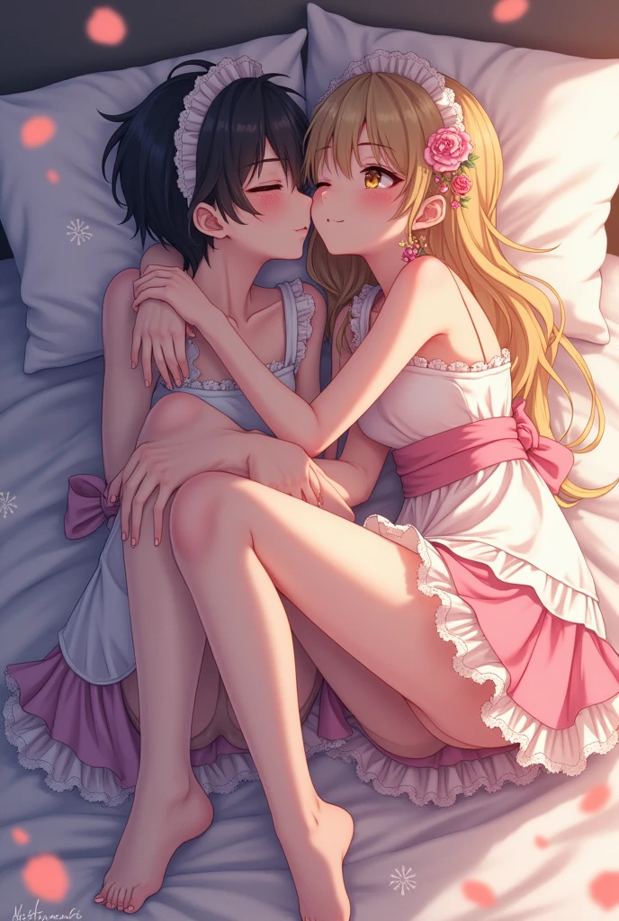 Two cute anime femboys in bed kissing and cuddling wearing femboy maid dresses and tights touching each other’s thighs