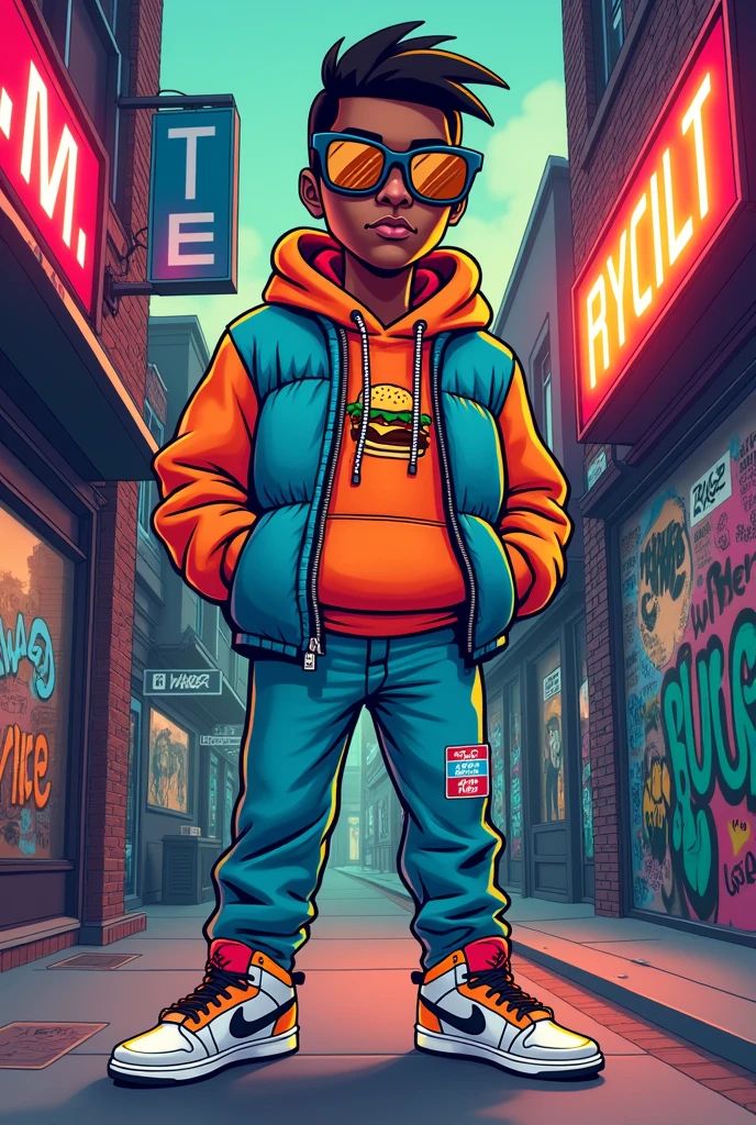 burguer, cartoon, art, hip hop, street, urban style, shoes nike jordan, glases, gangsta