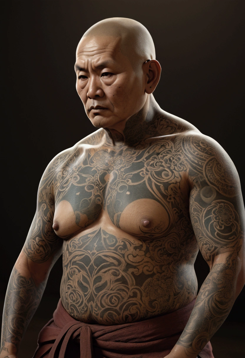 (old fat monk with thinning hair,tattoos all over body,detailed body, practice Tai Chi Chuan,highly detailed face,hyperrealistic,3d render,masterpiece,8k,photorealistic,cinematic lighting,dramatic lighting,moody lighting,dramatic pose,mystical,spiritual,intense gaze,intricate tattoos,lush textures,rich colors,chiaroscuro,dramatic shadows,atmospheric)