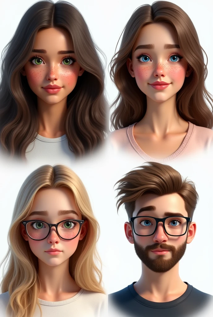 (photorealism:1.5)profile of a beautiful young woman with long dark brown hair, green eyes, and a lot of freckles. another profile of a young woman with long brown hair, brown eyes and some freckles. another profile of a young pretty woman with straight long light blond hair, blue eyes and glasses. The last profile is of a young masculine chubby man with short kind of buzzcut dark blond hair, blue eyes, glasses and a beard. faces are looking into the camera, pretty small and loosely arranged on a white background 