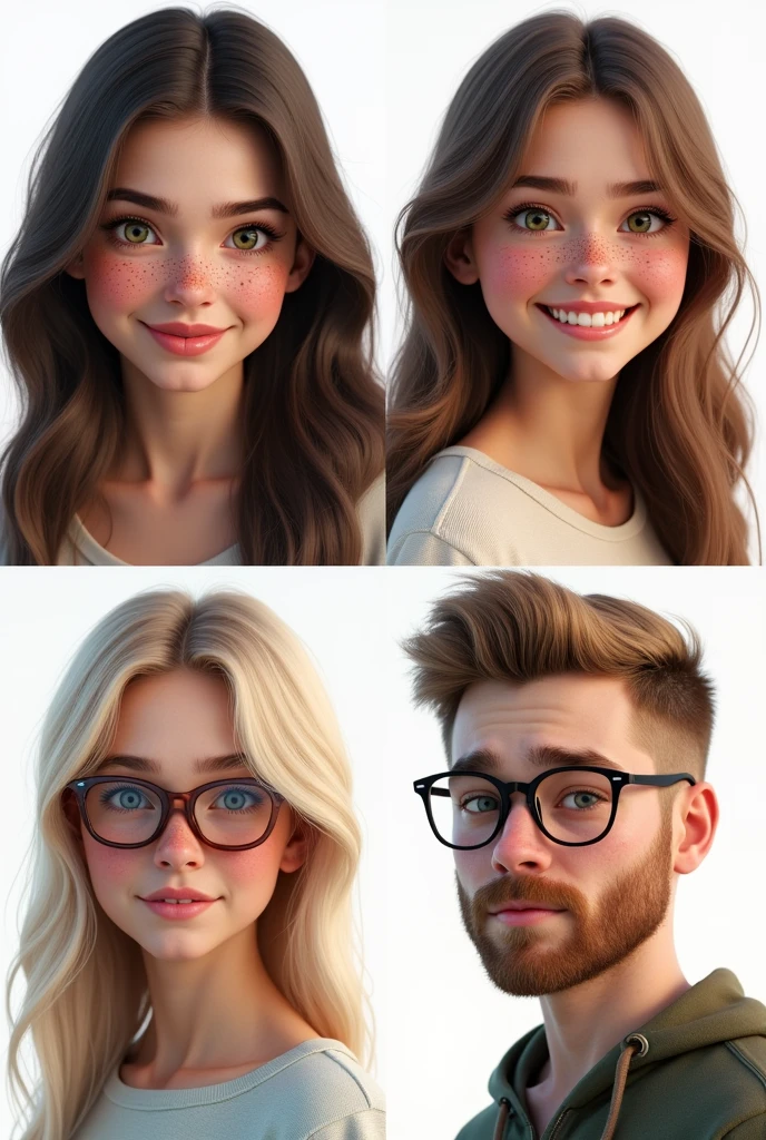 (photorealism:1.5)profile of a beautiful young woman with long dark brown hair, green eyes, and a lot of freckles. another profile of a young woman with long brown hair, brown eyes and some freckles. another profile of a young pretty woman with straight long light blond hair, blue eyes and glasses. The last profile is of a young masculine chubby man with short kind of buzzcut dark blond hair, blue eyes, glasses and a beard. faces are looking into the camera, pretty small and loosely arranged on a white background
