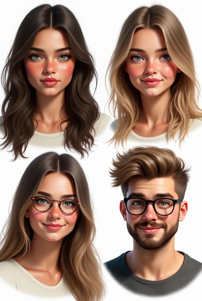 (photorealism:1.5)profile of a beautiful young woman with long dark brown hair, green eyes, and a lot of freckles. another profile of a young woman with long brown hair, brown eyes and some freckles. another profile of a young pretty woman with straight long light blond hair, blue eyes and glasses. The last profile is of a young masculine chubby man with short kind of buzzcut dark blond hair, blue eyes, glasses and a beard. faces are looking into the camera, pretty small and loosely arranged on a white background 
