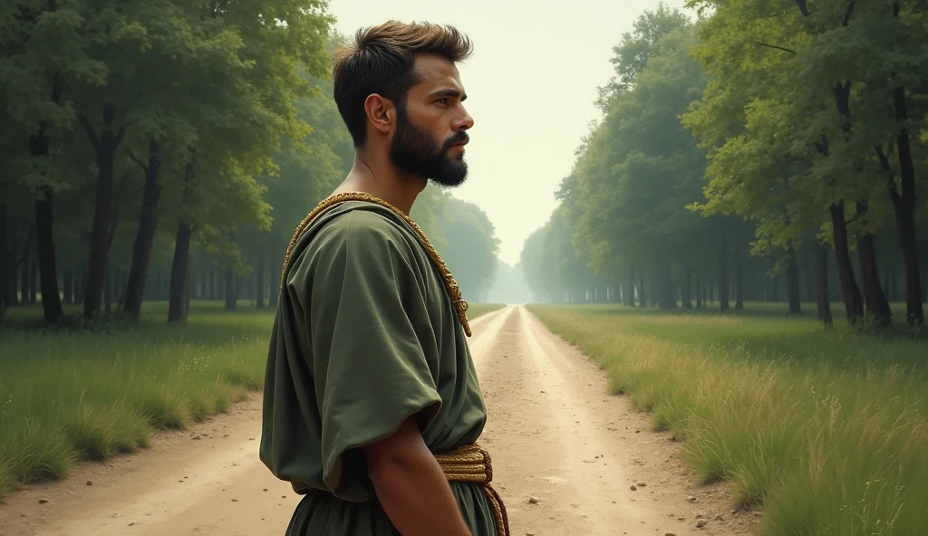 A male Stoic philosopher, around 2, with a well-proportioned and attractive physique, slightly tanned skin, and a short, well-trimmed beard, stands at a fork in the road, deeply reflecting on his choices. He wears classic tunics in soft earthy tones—gray and olive green—with subtle gold or copper details, gently draping over his body, with one shoulder exposed. His expression is thoughtful and seductive as he considers the two paths before him. One path is dark and overgrown, symbolizing the consequences of excessive leniency, while the other is clear and bright, representing integrity and purpose. Soft light illuminates his face, capturing his thoughtful expression. The impressionist style, with its dramatic brushstrokes, highlights the contrast between the two paths and the clarity in his decision-making.