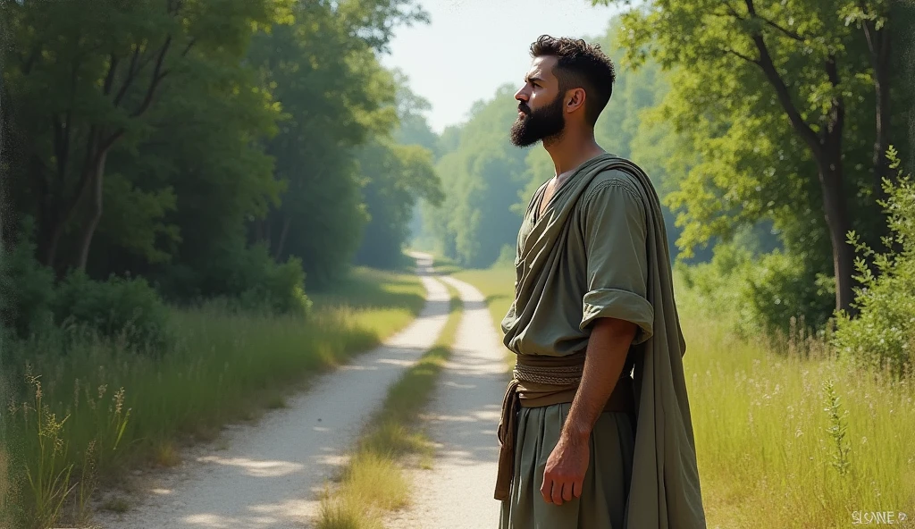 A male Stoic philosopher, around 2, with a well-proportioned and attractive physique, slightly tanned skin, and a short, well-trimmed beard, stands at a fork in the road, deeply reflecting on his choices. He wears classic tunics in soft earthy tones—gray and olive green—with subtle gold or copper details, gently draping over his body, with one shoulder exposed. His expression is thoughtful and seductive as he considers the two paths before him. One path is dark and overgrown, symbolizing the consequences of excessive leniency, while the other is clear and bright, representing integrity and purpose. Soft light illuminates his face, capturing his thoughtful expression. The impressionist style, with its dramatic brushstrokes, highlights the contrast between the two paths and the clarity in his decision-making.