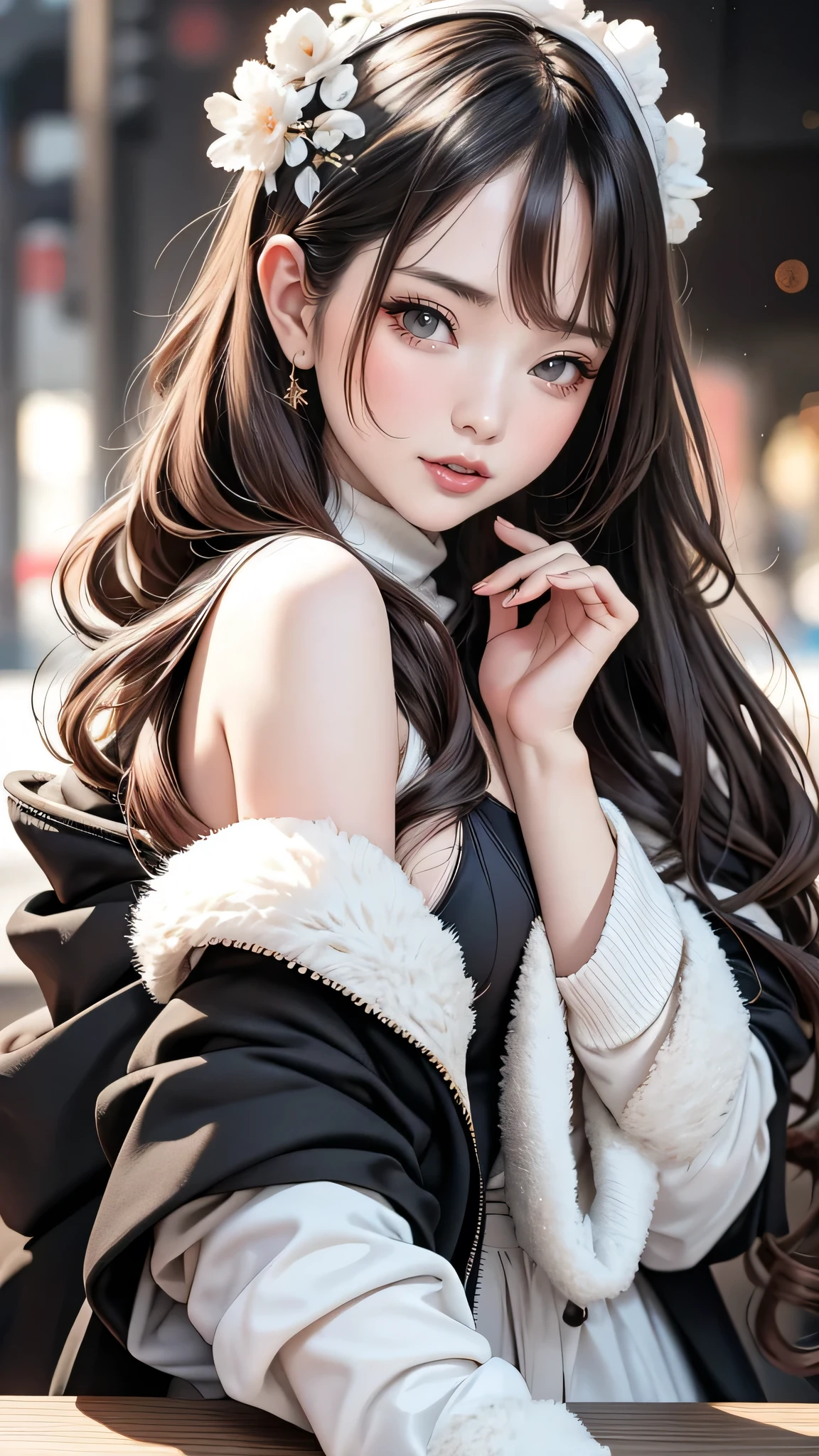 table top, highest quality, shape, Super detailed, finely, High resolution, 8k wallpaper, Perfect dynamic shape, beautiful and detailed eyes, tokyo trend冬ファッション,tokyo trend＆Introducing cute hairstyles at random, small breasts, natural color lip, random sexy pose,cute smile,20 year old girl、beautiful and detailed face、perfect and beautiful face,Big eyes、Wear fluffy black outerwear with fur、beautiful and detailed face、perfect and beautiful double eyelids、blur the background、perfect and beautiful face、Feminine poses、blur the background、slim face and style、blur background