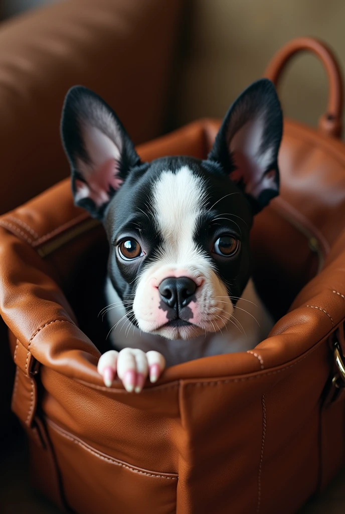 a boston terrier puppy sitting inside a boston bag, extremely detailed, realistic, photorealistic, 8k, high resolution, hyperrealistic, detailed textures, cute and adorable puppy, leather boston bag, beautiful lighting, soft shadows, warm colors, cinematic composition, professional photography