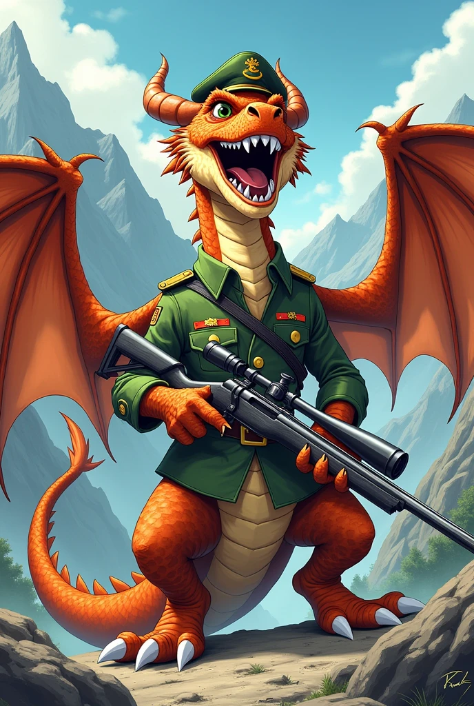 Dragon from skyrim with dragonov in army clothes Cartoon
