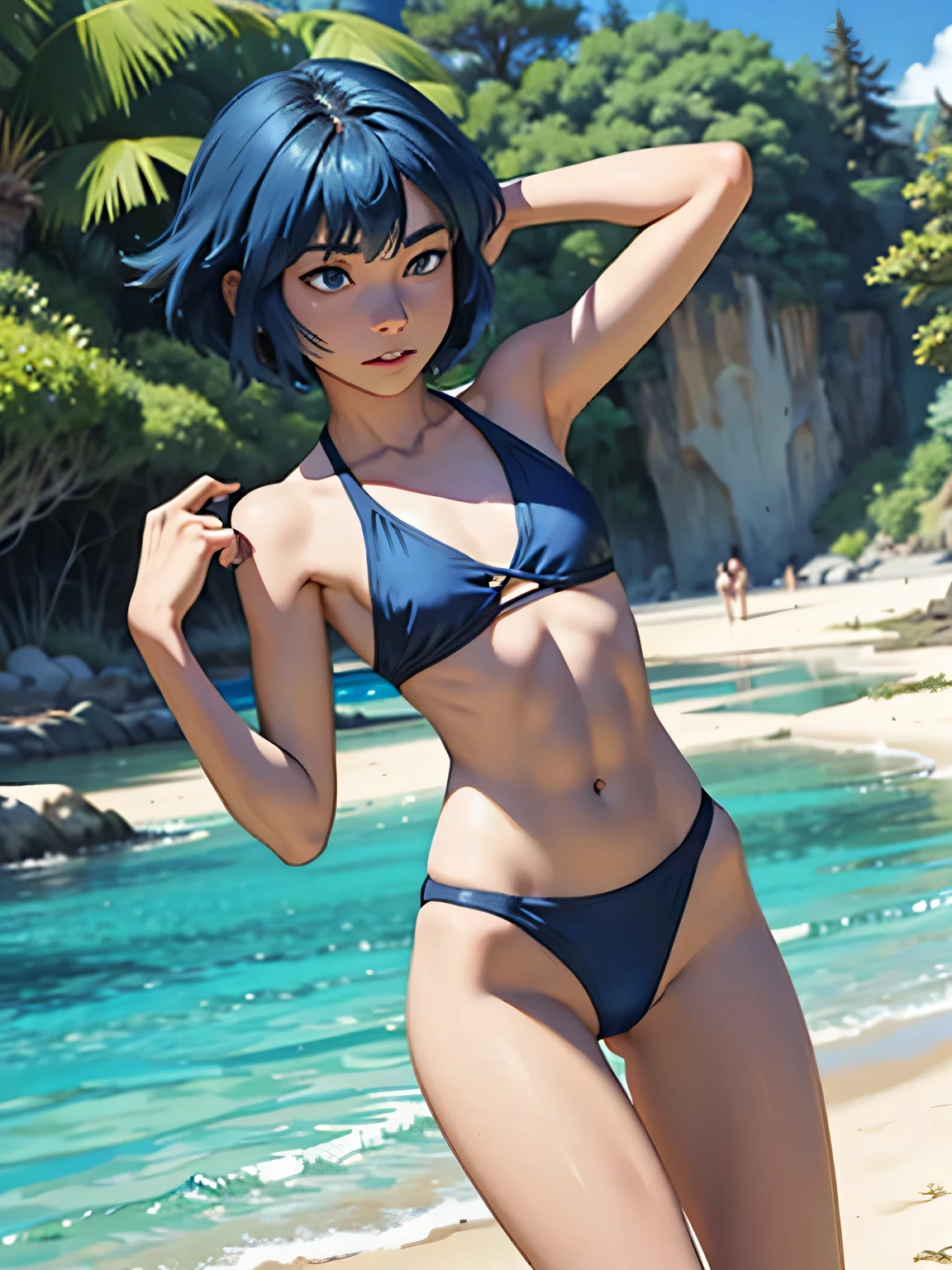 short hair. (skinny). (lapis lazuli). abs, beach. swimsuit.