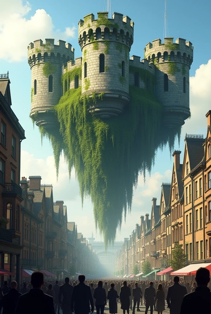 A floating medieval castle made of ancient stone towers and moss-covered crenellated walls hovers over modern day London with a crowd of people on the streets staring and pointing at the impossibly huge castle hovering above them.