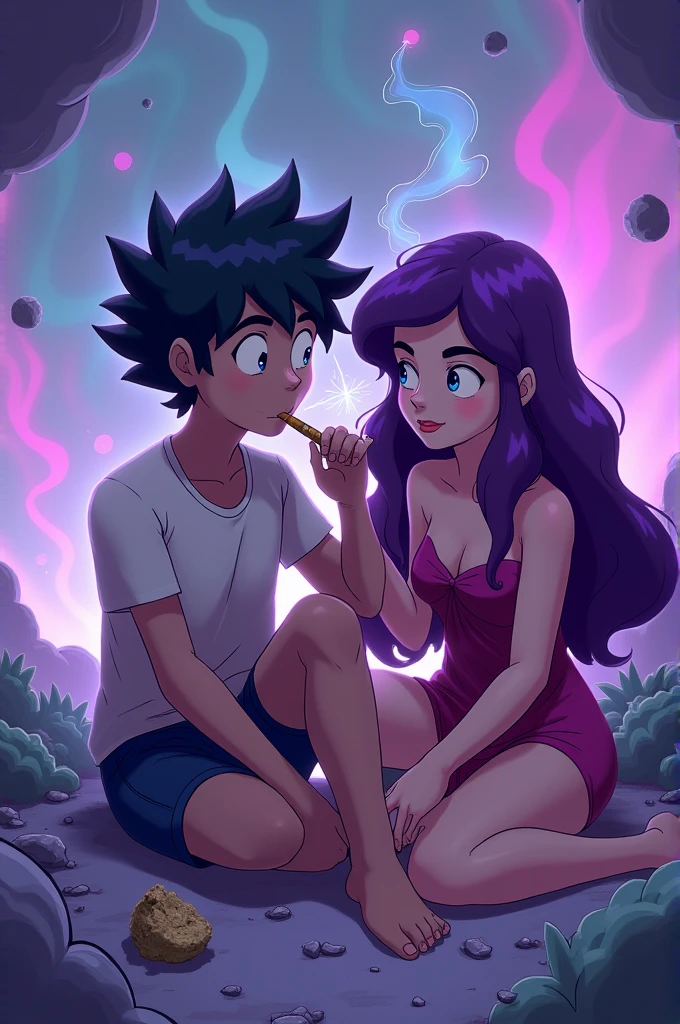 Steven Universe smoking a joint with Amethyst next to him, really high 