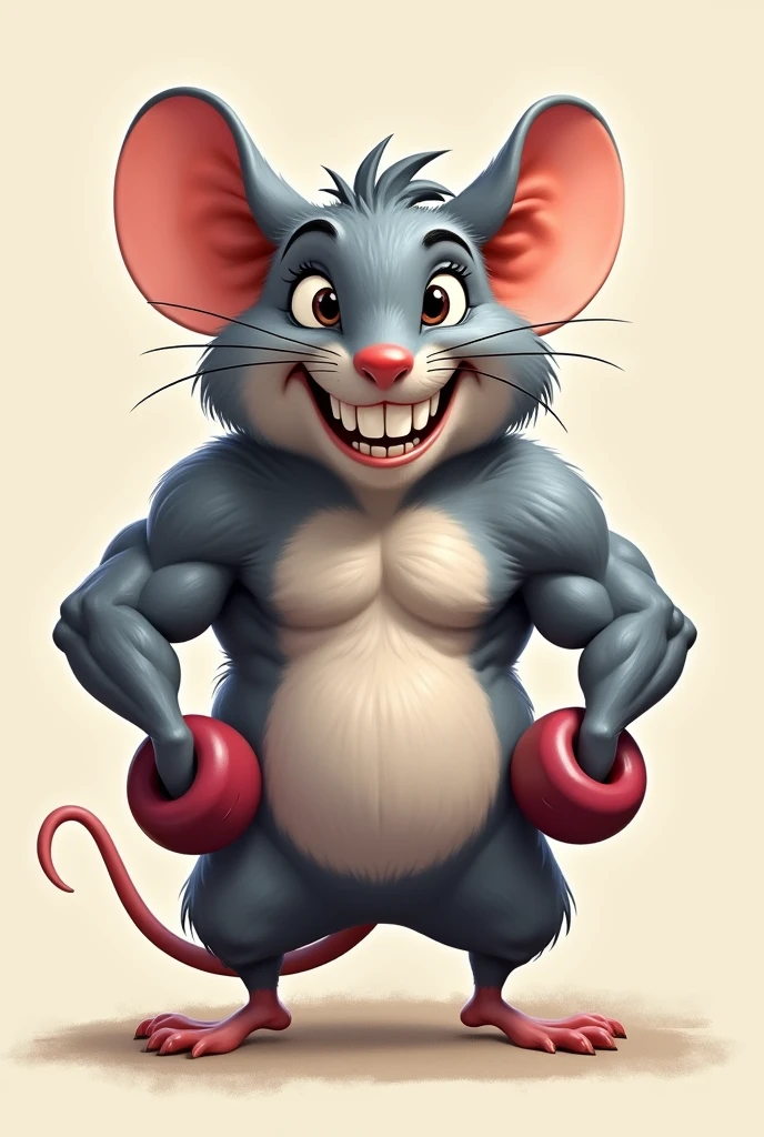 2D drawing of a larger than normal sized mouse, with a muscular and well-defined body. His muscles are clearly visible under smooth, gray skin.. He has a friendly face and a wide smile, showing sharp white teeth. Your eyes are big and bright, expressing happiness and confidence. He is wearing a pair of small dumbbells on his front paws., highlighting his robust physique. To complete, The mouse may be wearing a pair of sweatpants or a sports accessory that emphasizes its athletic and positive style..
