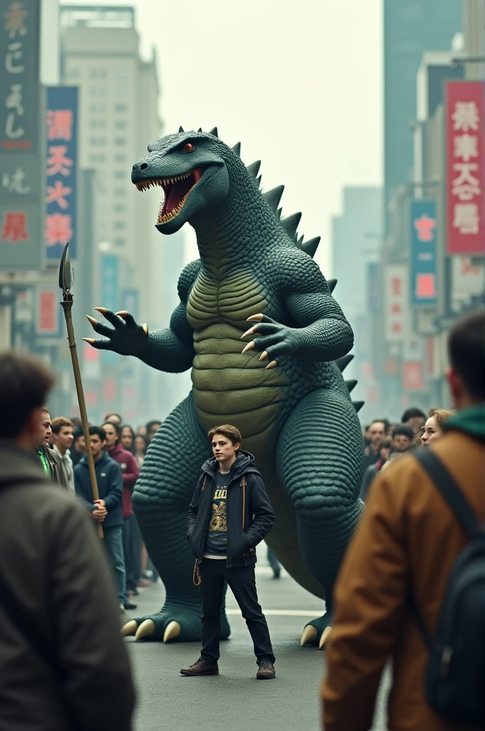 A mini Godzilla with 50 people looking at him and 1 with a slipper in his hand