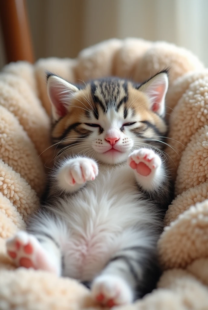 Very cute kitten、Very cunning pose、Lie down and stretch、Lying on your back、Looks sleepy