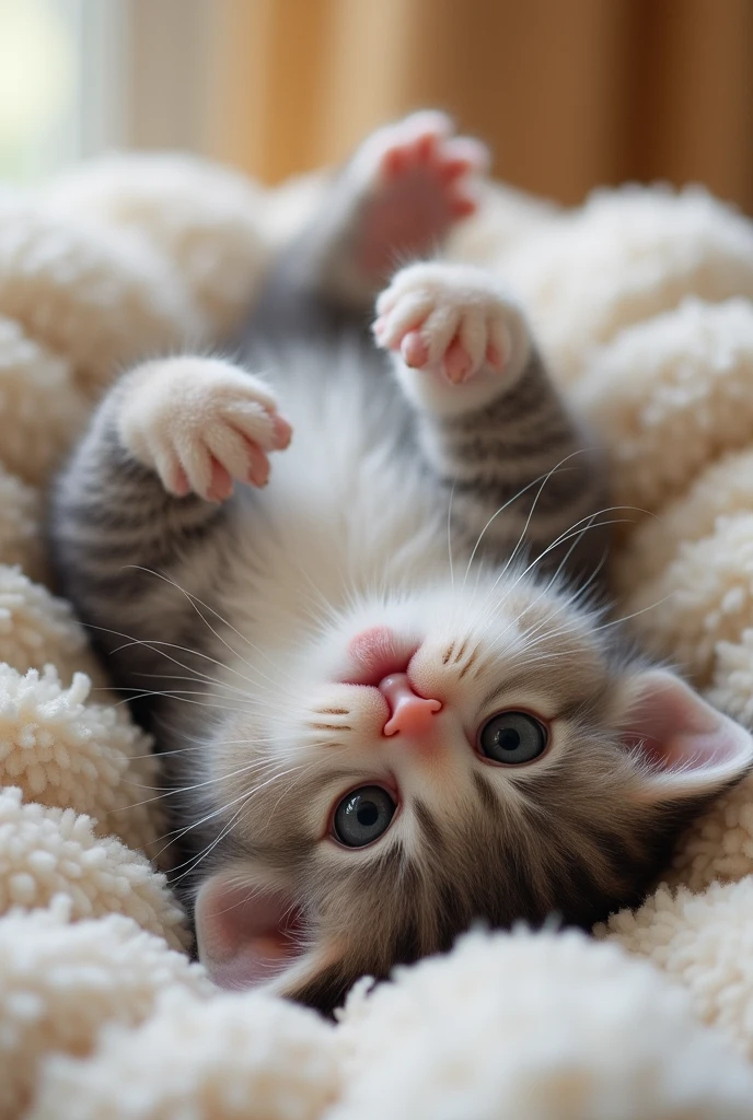 Very cute kitten、Very cunning pose、Lie down and stretch、Lying on your back、Looks sleepy