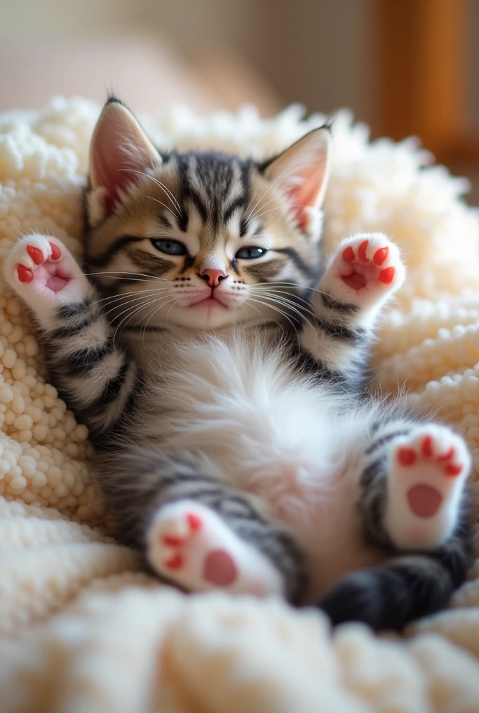 Very cute kitten、Very cunning pose、Lie down and stretch、Lying on your back、Looks sleepy