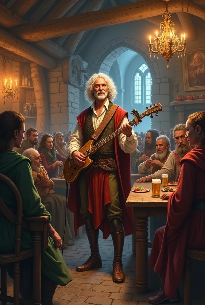 A medieval tavern full of characters from various dungeons and dragons RPG races. One of these characters is a man with shoulder-length curly hair.. He is a thin white bard with a thin beard.. 