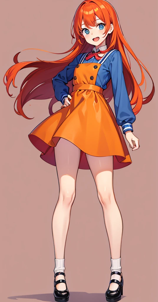 1girl, solo, long hair, looking at viewer, smile, open mouth, blue eyes, simple background, long sleeves, dress, standing, full body, red hair, shoes, socks, orange hair, hand on hip, pink background, mary janes, yellow dress, yellow skirt