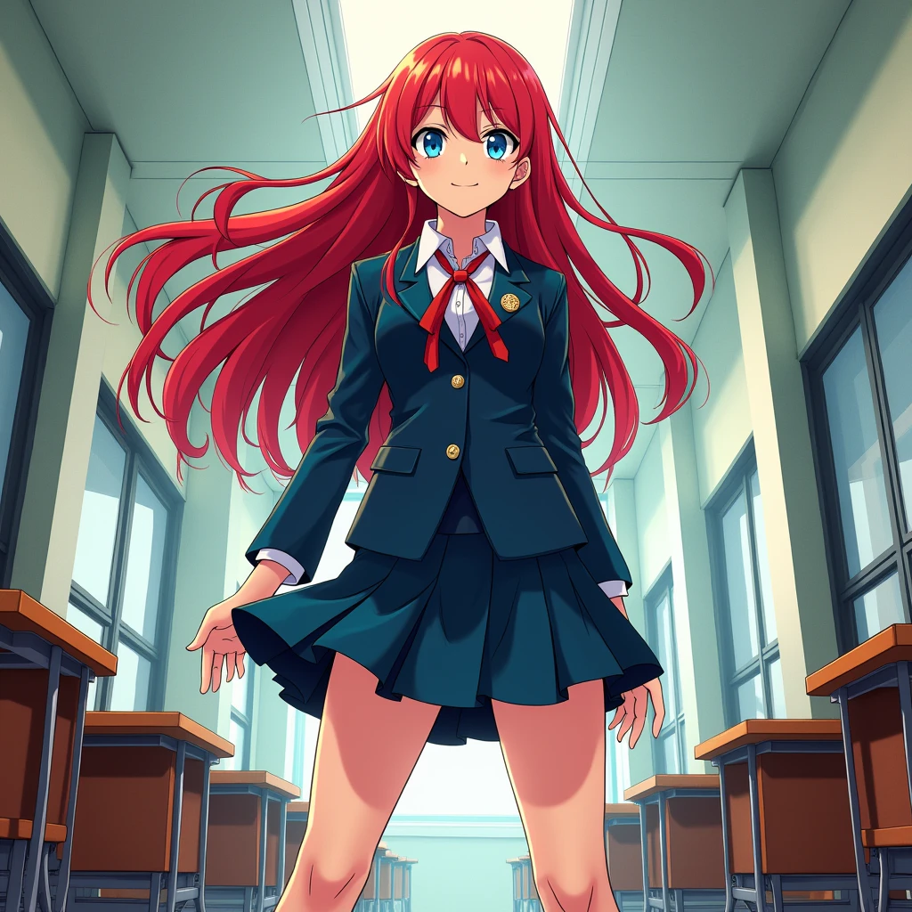 Boko no hero accademia 
Comics panel of a female. She has long red hair, and blue eyes. She Is a hero, she Is wearing Ua school uniform. In classroom 