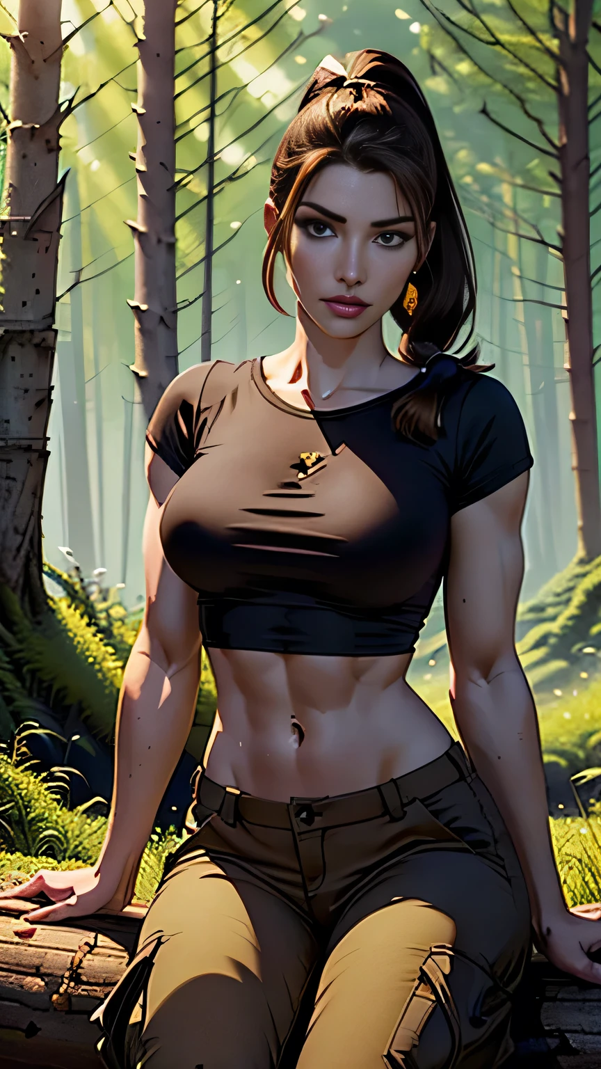 (highest quality,4K,8k,High resolution,masterpiece:1.2),Very detailed,(Realistic,photoRealistic,photo-Realistic:1.37),One Woman, Leona Heidern, Leona MS,Blue Hair, blue eyes, ponytail, Muscular and healthy body,
Armpit details,Beautifully detailed sweat glands,Smooth skin texture,Carefully drawn,
Green shorts, Cleavage,On the stomach, Crop top, Black gloves, uniform, Green jacket, Yellow Tank Top,(humidity:1.3), Beautiful Eyes, (Attractive face:1.2), (Beautiful Skin),(Big Breasts),(Large areola),(Abdominal muscles),((Sticky with sweat)),In a dynamic pose,
king of fighters,Outdoor,Dense forest