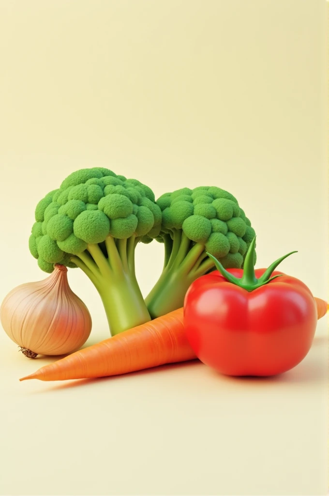 An onion, broccoli, carrot and tomato standing next to each other 