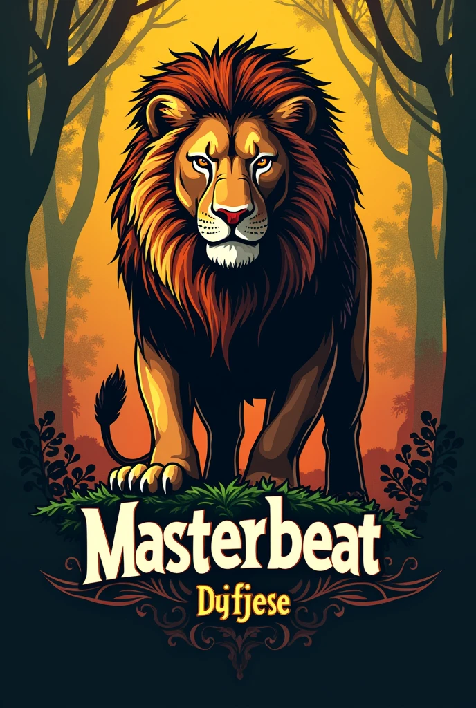 Logo for a DJ that says MASTERBEAT and in the background is the conquering lion protecting the DJ and with some reggae touches