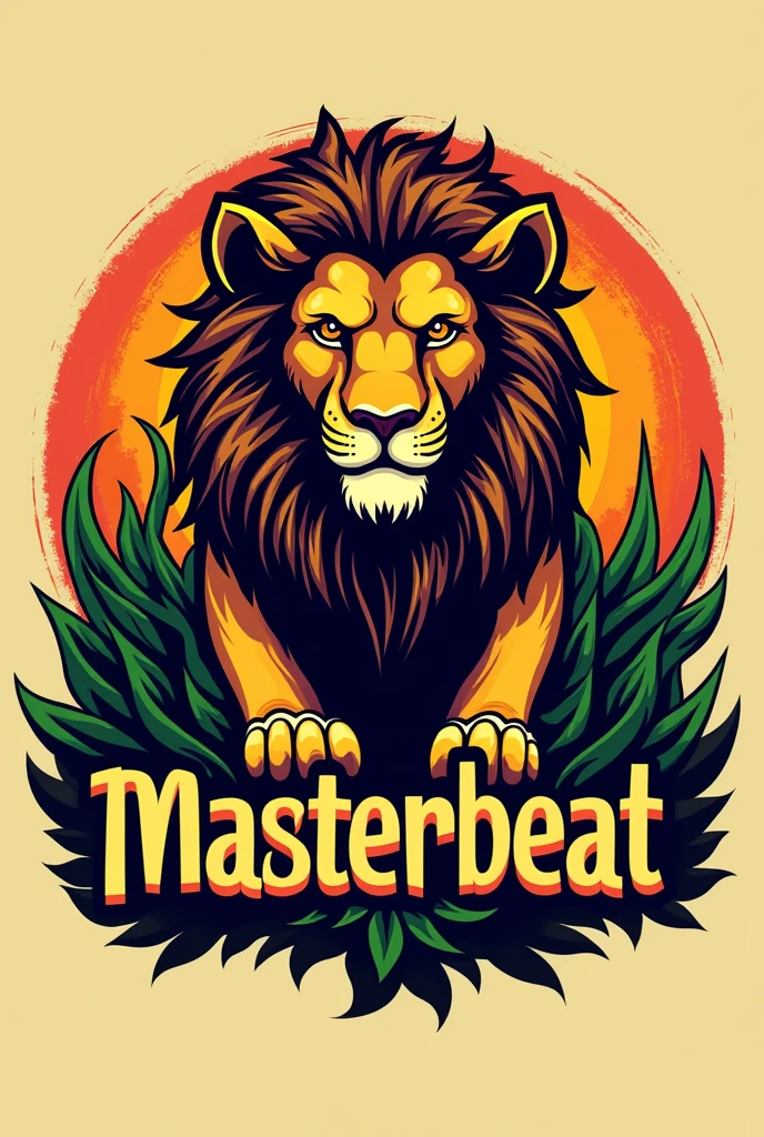 Logo for a DJ that says MASTERBEAT and in the background is the conquering lion protecting the DJ and with some reggae touches