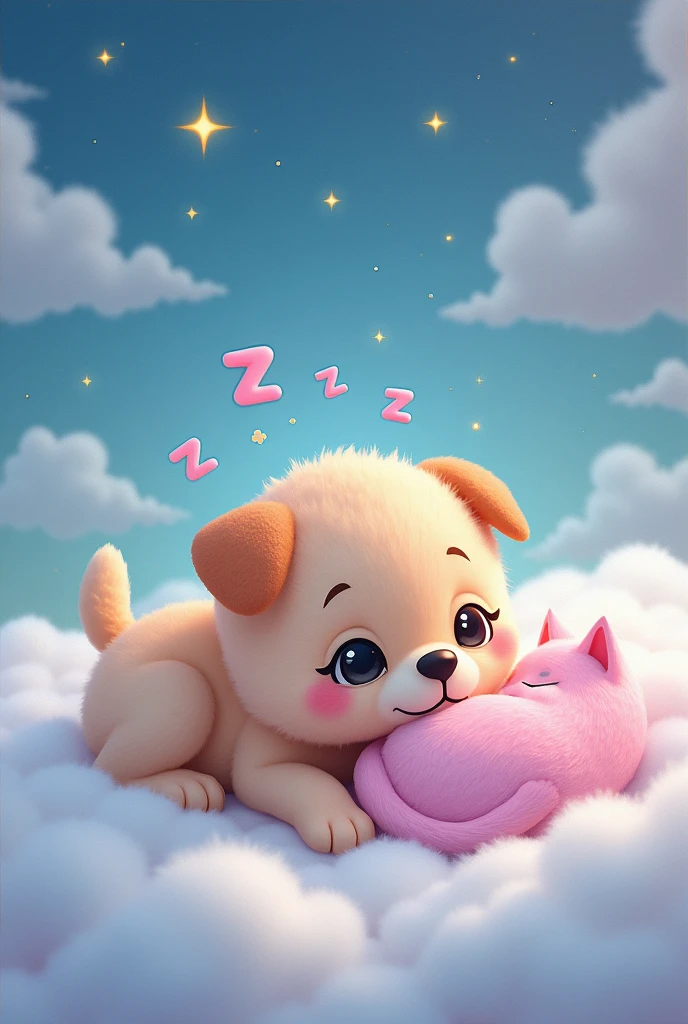 "There is a very cute puppy with 'Z' letters coming out of its head and a very cute pink cat sleeping on a cloud with stars in the background, concept art by Lisa Frank, trending on CGSociety, fur art, dreamy animal with cute eyes, adorable digital painting, Beeple and Jeremiah Kettner, cute and detailed digital art, Lisa Frank, lying in a fairy-tale realm of white clouds, sweet dreams, a night of dreams, dreamy art."